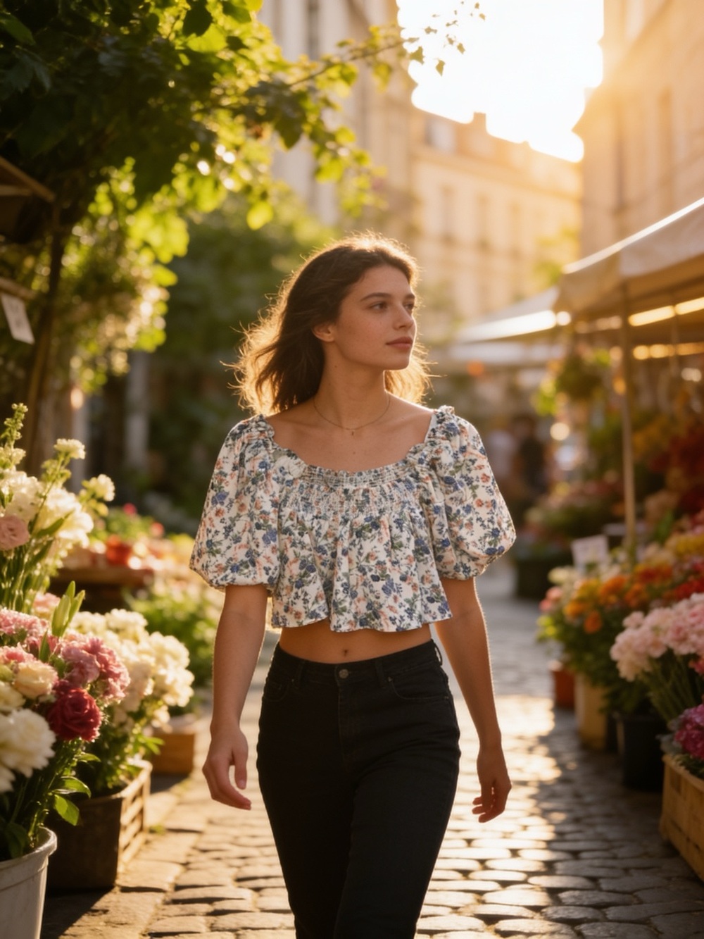 Altar'd State White Floral Smocked Puff-Sleeve Crop Top